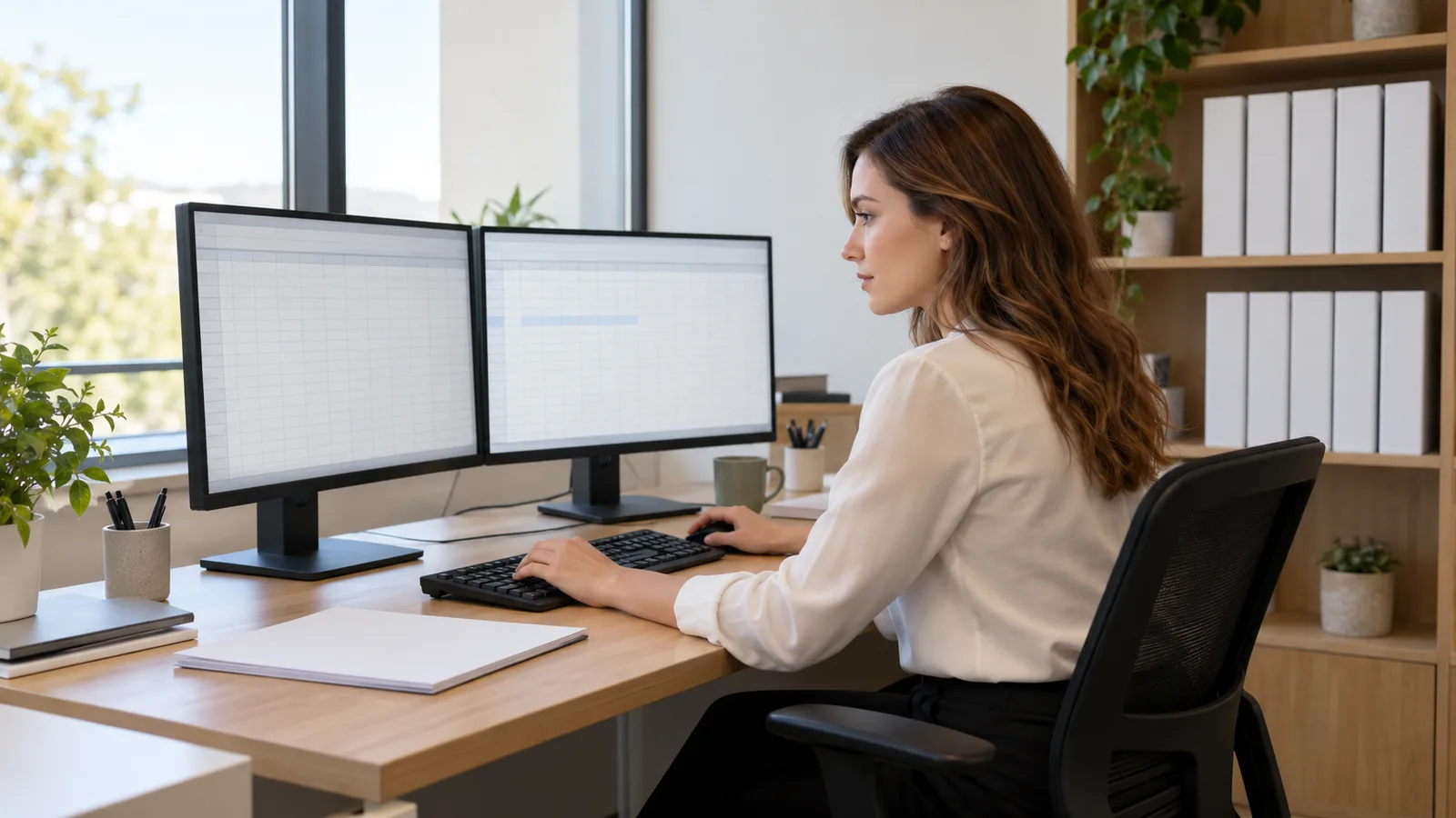 Accountant reviewing client files with a colleague in a Charlotte office during tax season