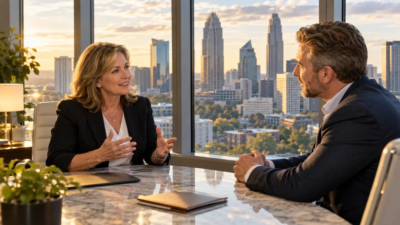 Business owner meeting with a broker in an office overlooking uptown Charlotte