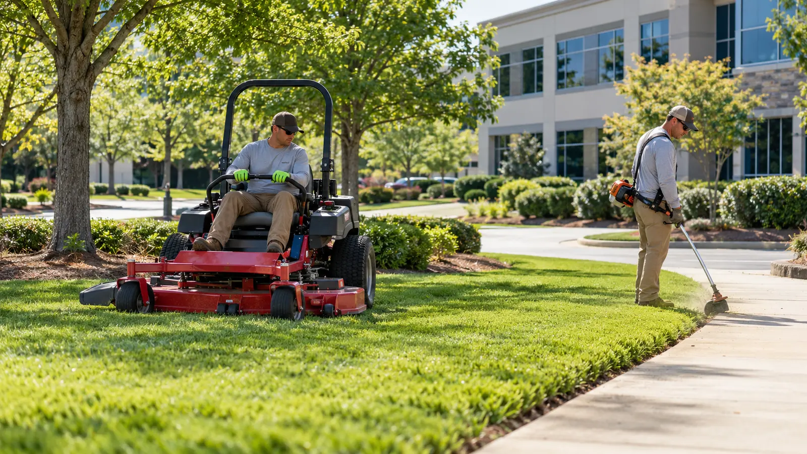 Landscape maintenance crew mowing and edging the common area of a Charlotte subdivision