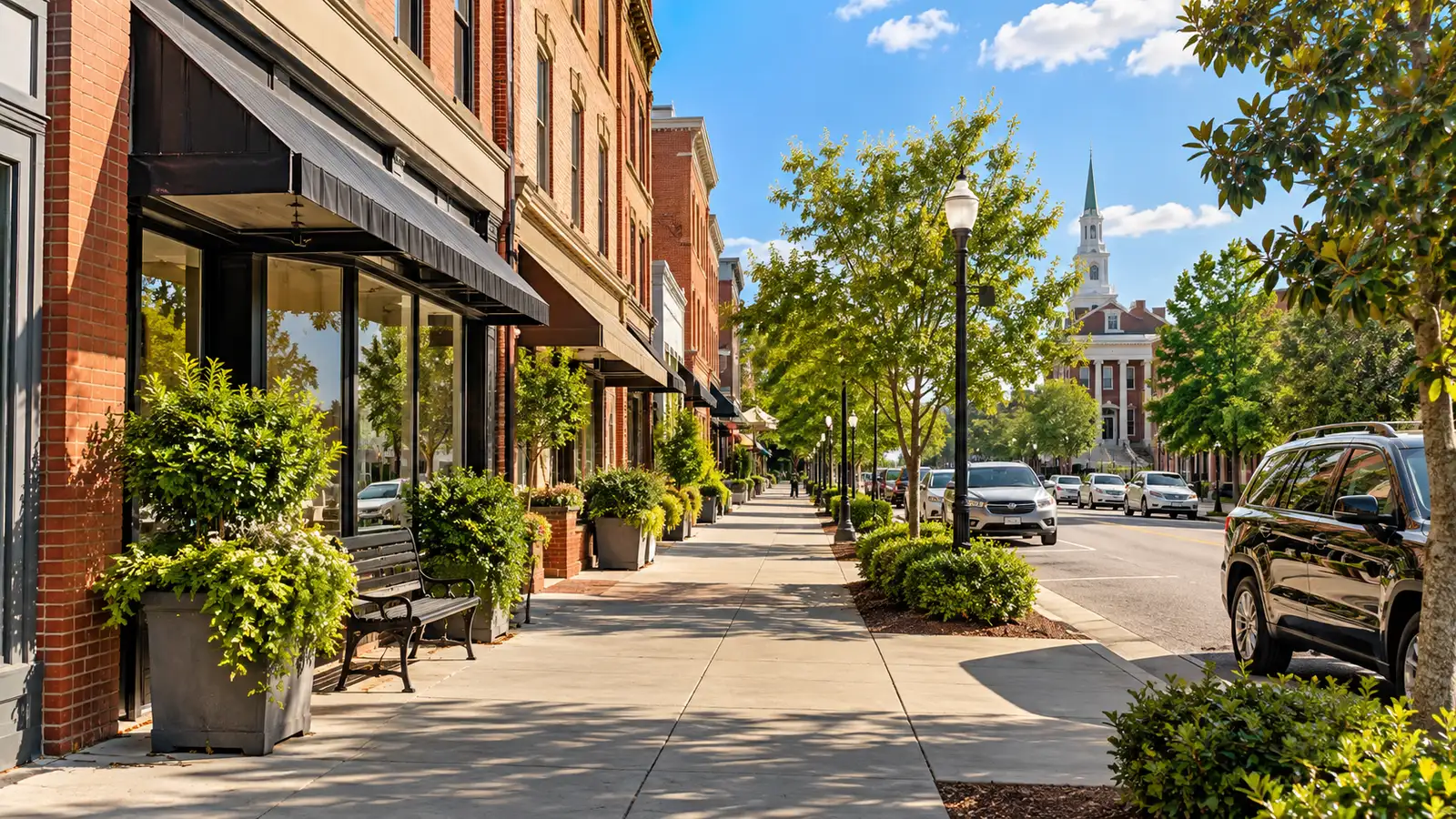 Downtown Rock Hill, South Carolina street with brick storefronts in the morning