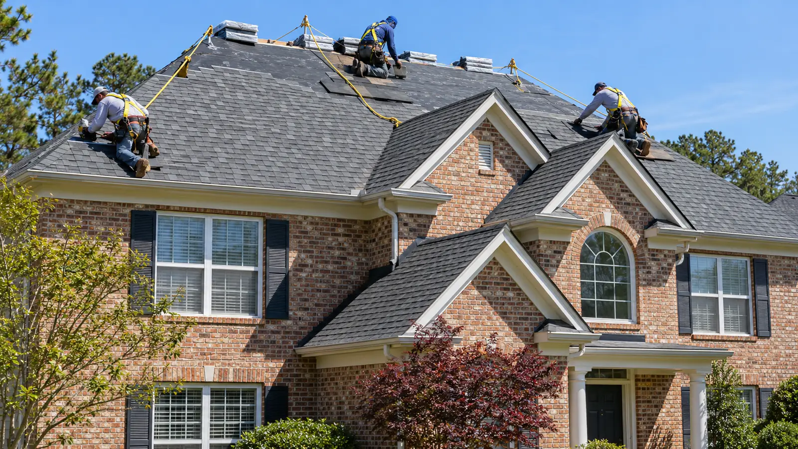 Roofing crew installing shingles on a two story home in a Charlotte neighborhood